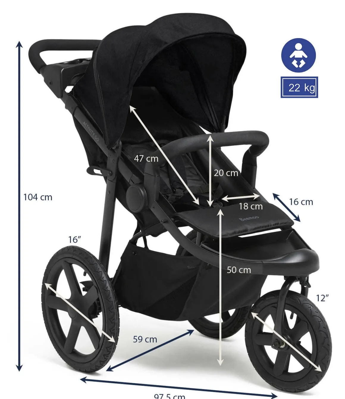 Beemoo Activity Go Aktivitetsklapvogn, Black/Dark Grey