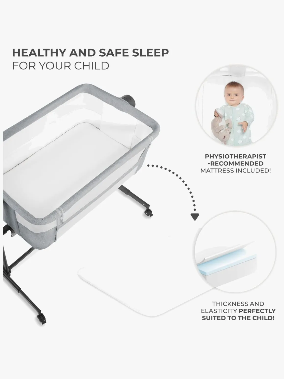 Kinderkraft Neste Up 2 Bedside Crib, Light Grey