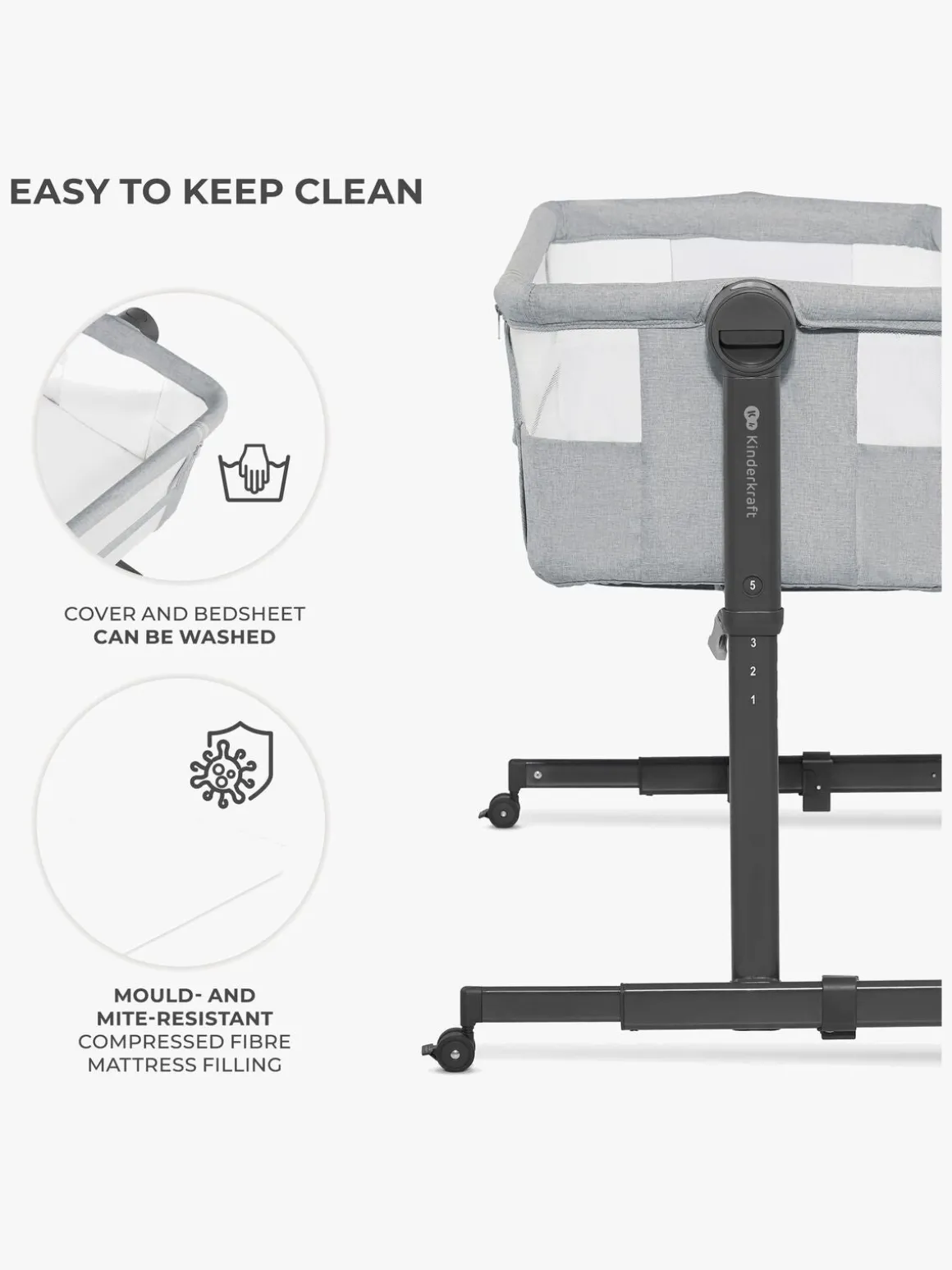 Kinderkraft Neste Up 2 Bedside Crib, Light Grey