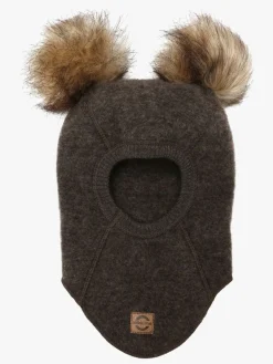 Mikk-Line Elefanthue Merinould med Pomponer, Dark Brown Melange