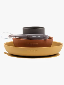 Nattou Soft Silicone Børneservice 4 dele, Sennep/Terracotta